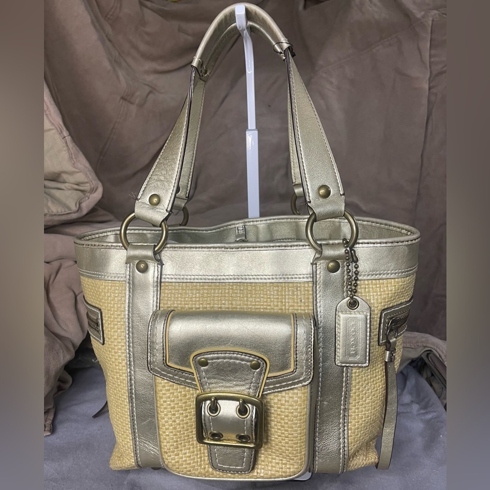 COACH Legacy‎ Straw Purse Gold Leather Shoulder HandBag Tote Large L05K-113